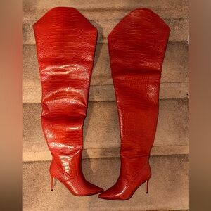 Red Crocodile-Embossed Over-the-Knee Boots. Akira boots never worn size 8